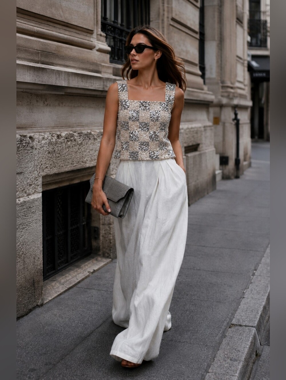 Sequin Checkered Square Neck Sleeveless Tank - Silver & Cream